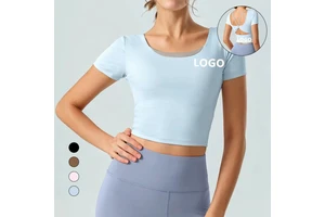Custom Logo Naked Feeling Yoga Top Women Short Sleeve Twisted Open Back Sports Bra Buttery Soft Fitness Gym Workout Crop Top