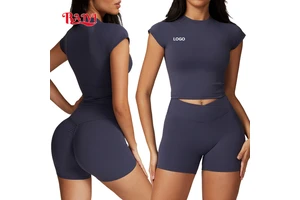 Oem Wholesale Women Sport Yoga Tops Short-sleeved Tshirts Breathable High Elastic Round Neck Running Fitness Tshirts Custom logo