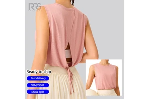 Roregal Women's Drawstring Running Tank Top Breathable Quick Dry Round Neck Sleeveless Shirt for Yoga Gym Fitness