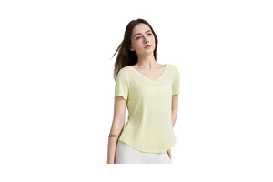 High-class Women's Yoga T-shirt Two-piece V-neck Short-sleeved Loose Breathable Quick Dry Front Logo Yoga Wear Blouse