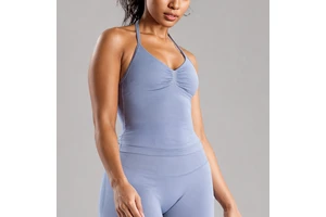 Seamless Plus Size Deep V Halter Neck Front Logo Vest Fitness Tank Gym Top for Women Compression Yoga Workout Sports Bra