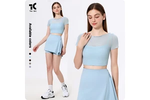 Two One Breathable Mesh Fabric Spandex/Nylon Short Sleeve Crew Neck Cropped Quick Dry Slim Fitting Women's Fitness Yoga Sports