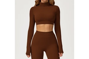 New Arrival Women's Brushed Yoga Long Sleeve Crop Top Turtleneck Open Back Hollow Front Active Stretch Quick Dry Spandex/Nylon