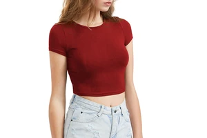 Women's Basic Short Sleeve Scoop Neck Bamboo Viscose Slim Fit Crop Top Super Soft Smooth Breathable Hollow Hole Appliques Button
