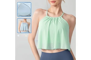 Women Halter Neck Crisscross Back Flowy Crop Top Polka Dot Optional Slim Fit Sportswear Yoga Dance Vest with Built-in Bra