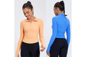 Aoyema New High Strength Plus Size Quick Dry Half-open Zipper Yoga Women's Exercise Fitness Ribbed Tops Sportswear Long Sleeve