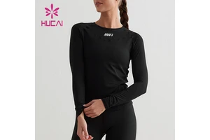 HUCAI Custom Spandex Dry Fit Super Soft Breathable Front Sports Tee Yoga Top Long Sleeve Gym t Shirt for Women