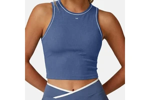 OEM Custom High Elastic Vertical Stripe Contrast Color Line Decor Round Neck Women Sports Tank Top for Yoga Fitness Daily Sports