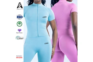 Cross-border Active Short-Sleeve Zipper Yoga Shirt Women Breathable Quick-Dry Running Sports Top Casual Fitness Spandex/Nylon