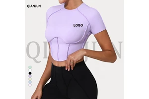 Nude Yoga Top Quick-Dry Fitness Sports Bra Lightweight Short Sleeve Tight-Fit Breathable Print Top with Four-Way Stretch