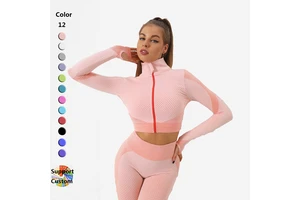 Women's Seamless Colorblock Striped Sports Quick Dry Shirts Zipper Sexy Fitness Crop Tops Yoga Tops