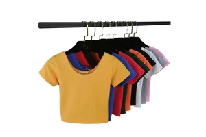 Wholesale Women Cap Sleeve Cute Jersey Crop Top Mujer Ladies Summer Round Neck Stretch Slim Fit Plain T-Shirt