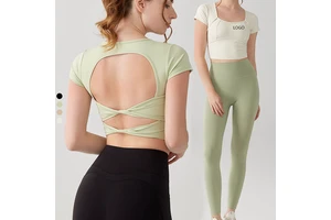 XW-MZ-144 Wholesale Backless Cross Back Design Short Sleeves Breathable Built in Bra Pads Fitness Yoga Top for Women