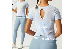 Polyester Solid Summer Breathable Yoga T-Shirt Hollowed-Out Beautiful-Back Sports Top Womens Yoga Outfit Round-Neck Fitness