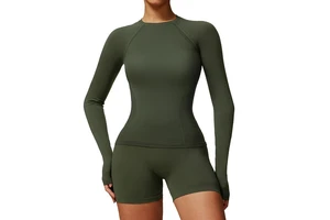 Breathable Seamless Spandex/Nylon Solid Long Sleeve Women Yoga Sets Compression Gym Shirts Workout Tops