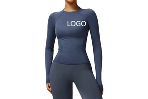 Women's Custom Logo Athletic Gym Top with Breathable Nylon Spandex Long Sleeve Thumb Hole Yoga Compression Top Naked Feel