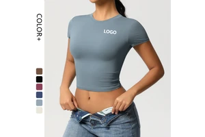 Women's Gym Workout Stretchy Bodycon Basic Tee Tops Crewneck Slim Fitted Short Sleeve Longline T-Shirt