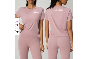 Support Custom Logo Breathable Loose Quick Dry Sports Short Sleeved T Shirts Fitness Gym Yoga Sexy Top Twist for Women
