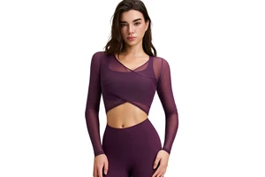 Women's Spandex Mesh Long Sleeve Skinny Fit Workout Top-Yoga Running Fitness Four-Way Stretch Breathable Custom Logo Sportswear