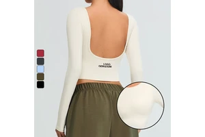 Women's Seamless Sports Leotard Yoga Wear Backless Long Sleeve Fitness Jogging T-shirt Breathable Printed Tee
