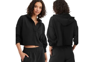 Women's Deep V Neck Yoga Top, Cropped Loose Long Sleeve Hoodie, Lightweight Sports Casual Top
