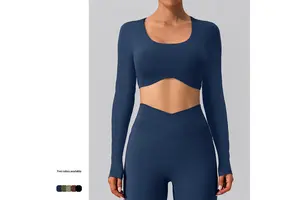 Women Cut Out Back Cross Long Sleeve Slim Fit Sports Tops Gym Cross Backless Yoga Crop Top