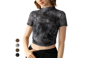 Sexy Sides Pleated Printed Blouse Breathable Mesh Fitness Running Women Clothings Short Sleeve Yoga Tops Sports T Shirt Women