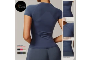 Women's Lightweight Ribbed Seamless Skinny Fit Short Sleeve T-Shirt Quick-Dry Workout Top Yoga Fitness Running Sports Front