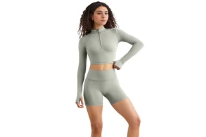 Women's Yoga Top Long-Sleeved Tight-Fit Running Outdoor Quick-Drying High-Intensity Suit Solid Elastic Waist 2-Piece Set Front