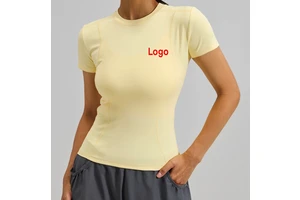 Custom Logo Print Slim Fitness Women Sports Top Solid Color High Elastic Outdoor Running Training Yoga Short Sleeve Shirts
