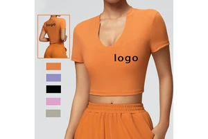 Women's Yoga Top Tight-Fitting Breathable V-Neck Short-Sleeved Fitness Running Sports T-Shirt Lightweight Running Top