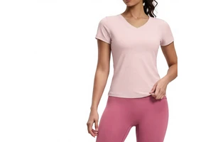 Juyitang New Peach Basic V-neck Short-sleeved Spandex/Polyester Solid Sports Fitness Running Breathable Slim Yoga Top Women