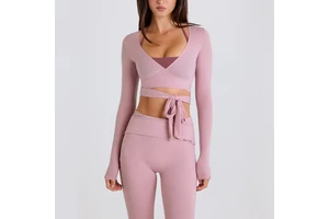 Custom Logo Front Women Breathable Lightweight Long Sleeve Soft Fitted Crop Top Ballet Fitness Pilates Yoga Wrap
