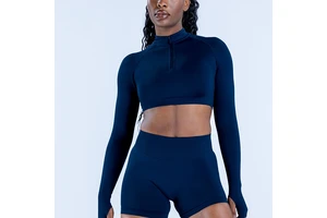 Custom Logo Women Active Wear Solid Long Sleeves Thumb Holes Tops Pilates Four Way Stretch Gym Shirt Sweetheart Neck Crop Zippy