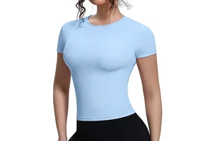 Cross-border New-style Bare-feel Waist-cinching Slim-fit Short-sleeve Breathable Spandex/Nylon Solid Yoga Top