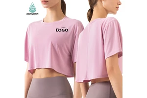 Loose Cropped Athletic T Shirt for Women Round Neck Short Sleeve Workout Yoga Top for Gym