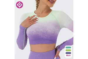 Women Gradual Change Soft Sports Wear High Quality Tight Long Sleeve Shirts Gym Running Yoga Crop Top