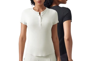 Wholesale Women's Solid Color Summer Yoga Top Custom Short Sleeve Buttons Neck Slim Fit Ribbed Sports T-Shirt