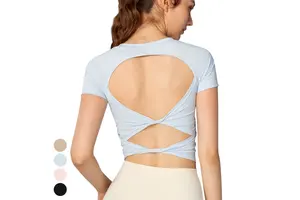 Slim Thin Fixed Pads Yoga Tee Crew Neck Cross Back T-shirt Short Sleeve Sports Top Fitness Workout Shirts Yoga Shirt for Women