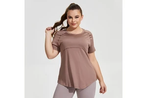 Women's Plus Size Beautiful Short-Sleeved Yoga Fitness Tops Front Mesh Running Top with Breathable Hip-Covering Slimming Look