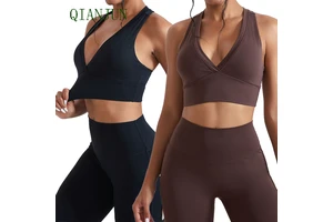 Custom Logo Women Deep V Neckline Outdoor Running Sports Tank Crop Top Backless Gym Underwear Sexy Yoga Bra