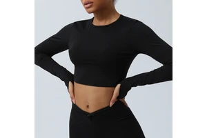 Women's Spring New Style Seamless Hollow-Out Sports Top Twisted Short Yoga Shirt Chest Pads Long-Sleeve