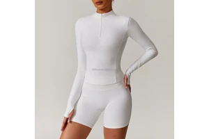 Nylon Women Rib Long-sleeved & Short Acativewear Quick-drying Half Zip Top Outdoor Training Sports Fitness Set