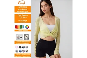 Aoyema V-Neck Cross Yoga Cropped Top Casual Running Fitness Pilates Autumn Breathable Outerwear Long Sleeve Dry Top