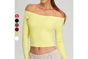 New Fashion Breathable Long Sleeve Yoga Crop Top for Women off Shoulder Sexy Fitness Skinny Fit Four-Way Stretch Front Logo