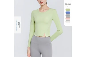 European American Women's Long-Sleeved Yoga Top Spandex/Nylon V-neck Quick-Drying Breathable Slimming Front Hem Cross-Border Top