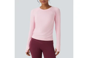 Custom Logo Women Crew Neck Stretch Breathable Eco-Friendly Gym Fitness Top Long Sleeves Lightweight Yoga T-shirt 100% Polyester