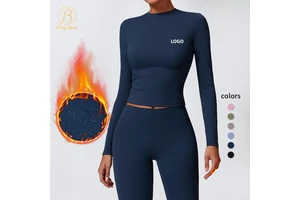 Women Winter Fleece Long Sleeve Yoga Crop Top Fitness Skinny Activewear Workout Apparel Gym Running T Shirt Warm Sportswear