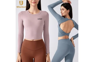 Women's Breathable Regular Sport Bra Top Long Sleeves Running Short Backless Fitness T-Shirt with Seamless Chest Pads