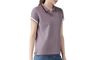 New Design Slim Fit Popular Womens Deep V Neck Shirts Tan Stretch Casual Top Polo Shirt